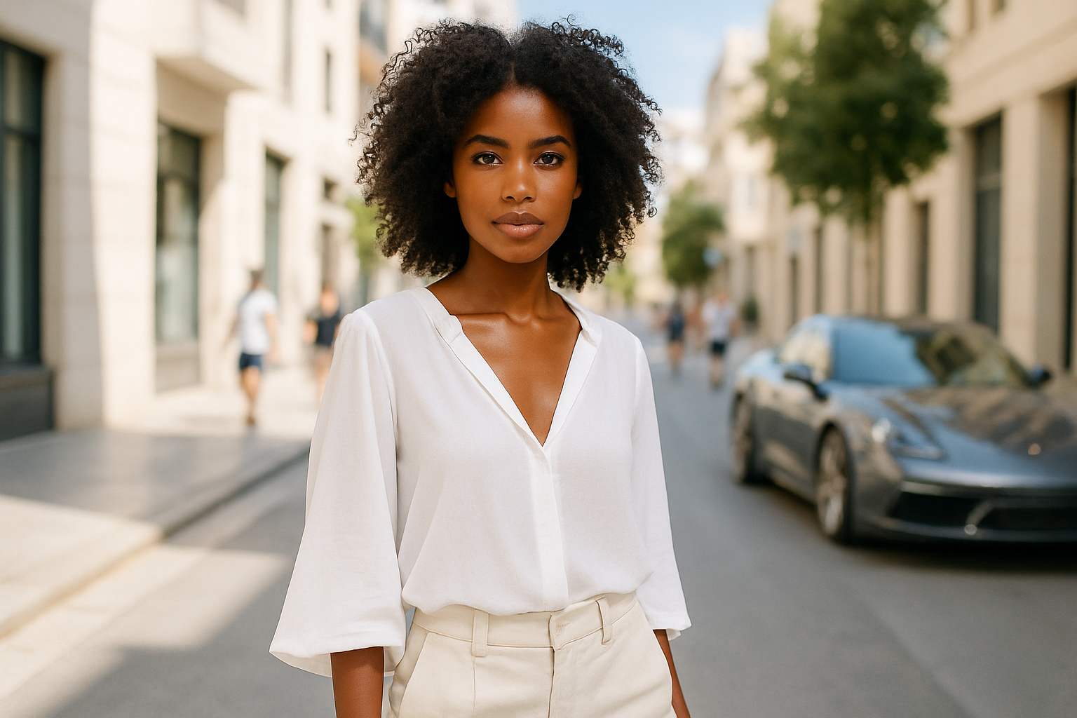 a spanish dark skinned model on a quiet street; brightly lit, a few people in the background and a sports car. model should be young with light modern clothes