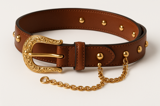 shop image of women's leather belt. embellished with gold jewelry. leather brown, classic and beautiful