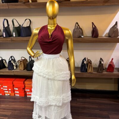 DFY Tiered Ruffle Tulle Midi Skirt – White